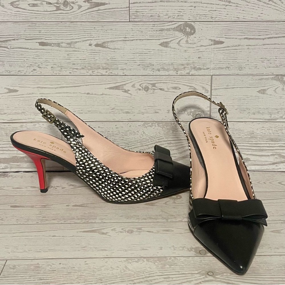 Kate Spade New York Black and White Bow Slingback Heels Size 7.5 B - Picture 2 of 11